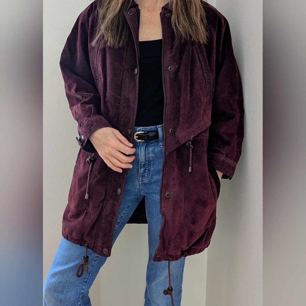 Vintage 90's Wilson's Leather Suede Zipper Front Mid-Length Jacket In Burgundy